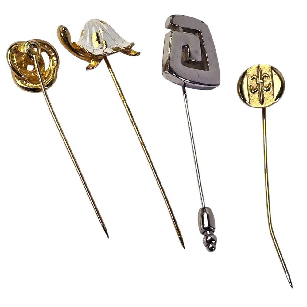 Vintage Stick Pin Lot Gold Silver Turtle Fleur de Lis Knot Tribal Signed Trifari